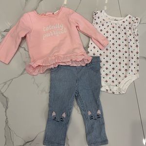 Baby girl 3 piece cat outfit. Size 9 months. Carters. EUC